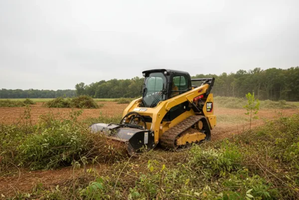 A tracked skid steer clearing trees and brush during land clearing services in Ohio.