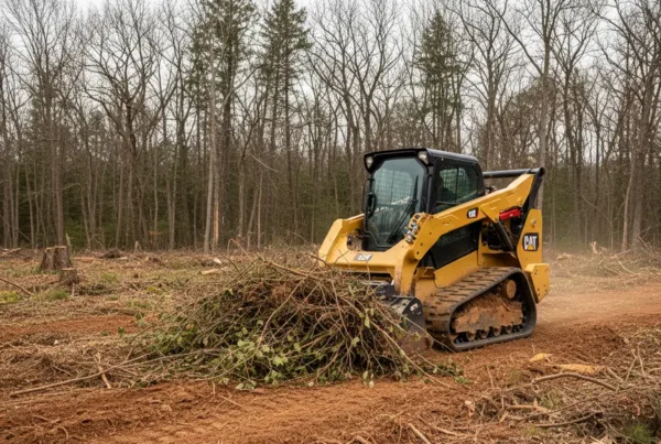 A tracked skid steer performing land clearing services on a wooded lot in Columbus, Ohio.