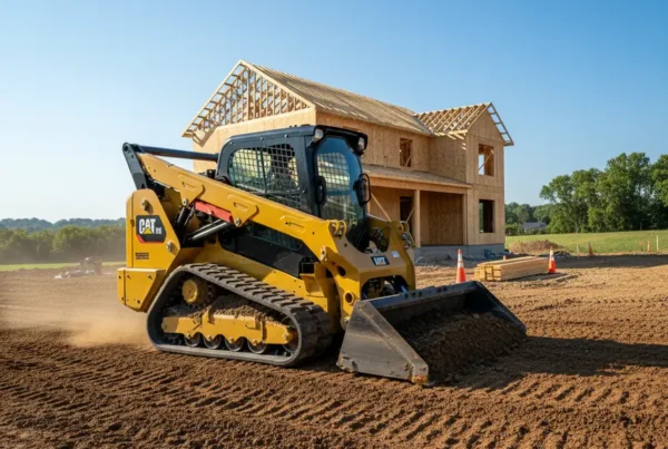 CAT tracked skid steer performing finish grading on a residential lot in Ohio.