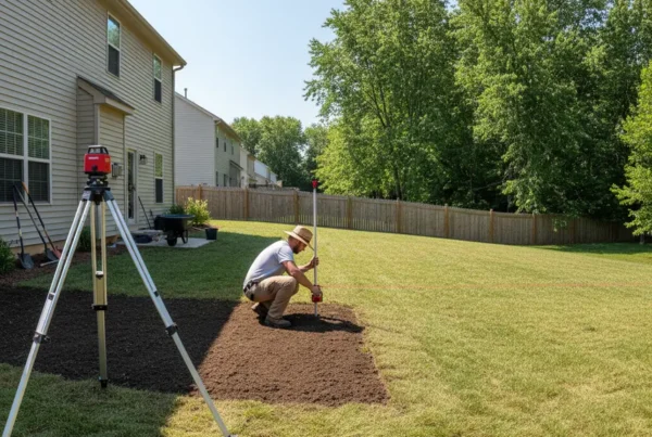Landscaper measuring the proper drainage slope in a residential backyard in Central Ohio.
