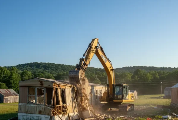 Excavator tearing down an old mobile home in a field in Central Ohio.