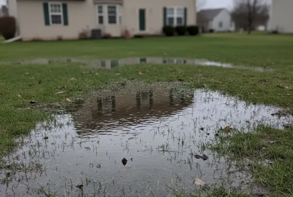 A muddy backyard with large puddles of standing water due to poor yard drainage.