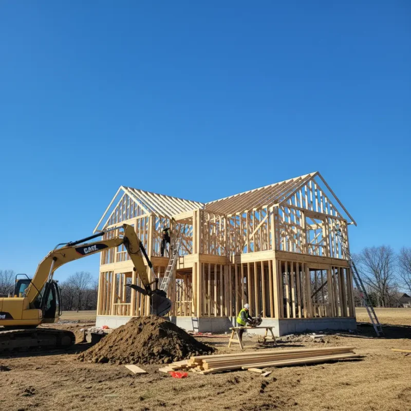 A new home in Central Ohio during the construction and framing phase.