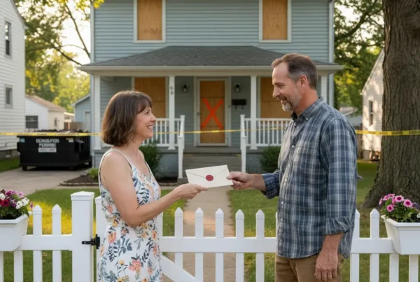 A person handing a demolition notification letter to their neighbor over a fence.