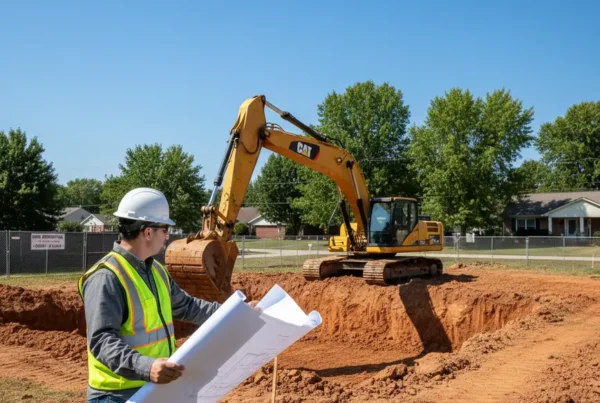Excavator digging a foundation while a manager reviews Ohio building code blueprints on site.