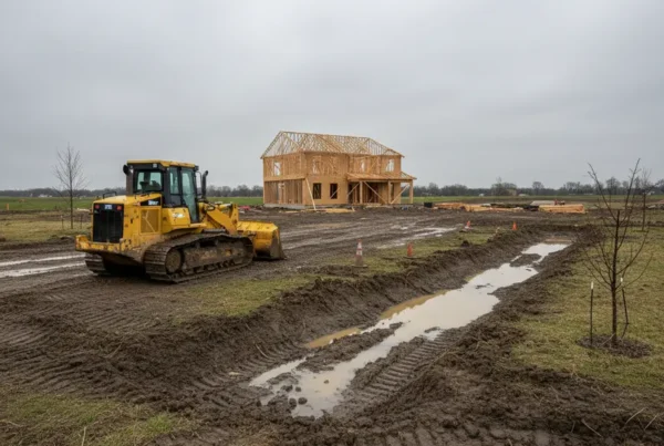 Muddy Ohio construction site with a bulldozer under a gray, overcast sky, showing weather impact.