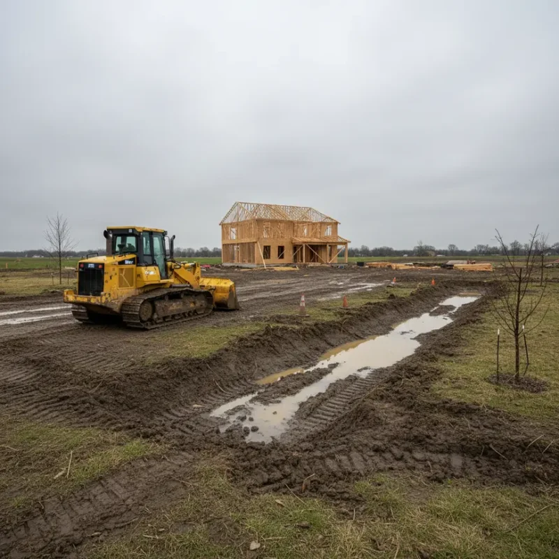 Muddy Ohio construction site with a bulldozer under a gray, overcast sky, showing weather impact.