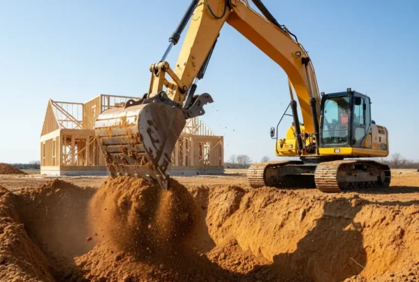 Yellow excavator digging a basement foundation on a sunny Ohio construction site.