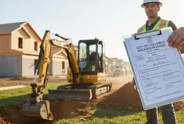 Construction manager holding an excavation permit on a residential job site in Ohio.