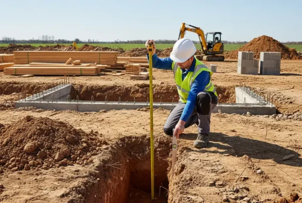 Contractor measuring the footing depth at an Ohio construction site for frost line compliance.