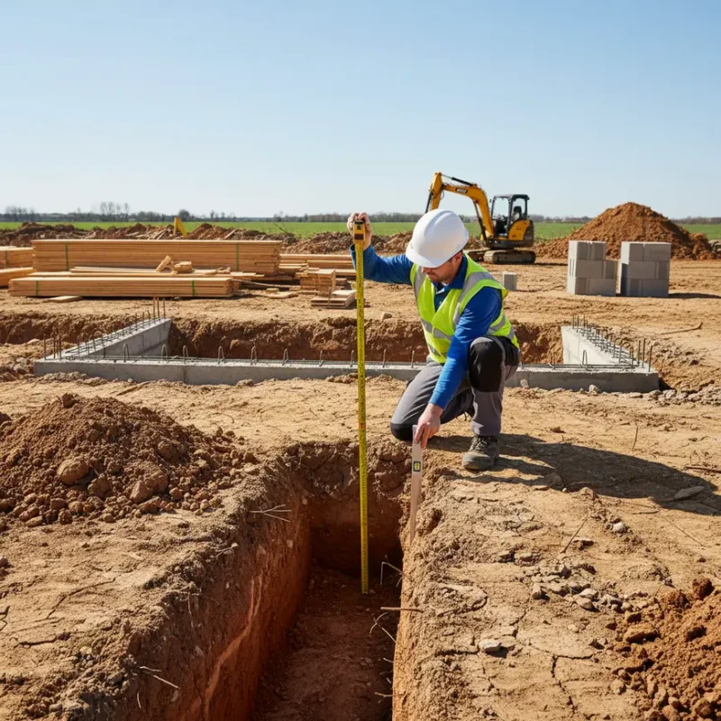 Contractor measuring the footing depth at an Ohio construction site for frost line compliance.