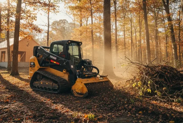 A tracked skid steer clearing trees and brush on a residential lot in Ohio.