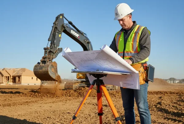 Foreman reviewing blueprints for a land grading project with an excavator in the background.