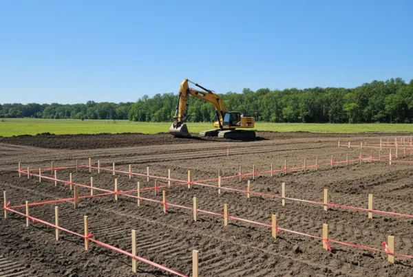 Excavator grading the land at a new construction site in Central Ohio.