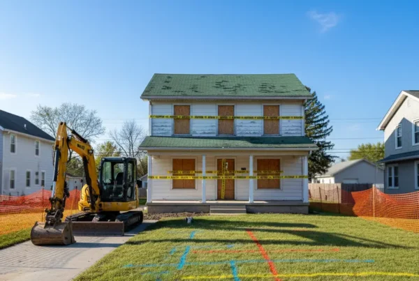Suburban Ohio home with utility markings on the lawn, prepared for professional demolition.