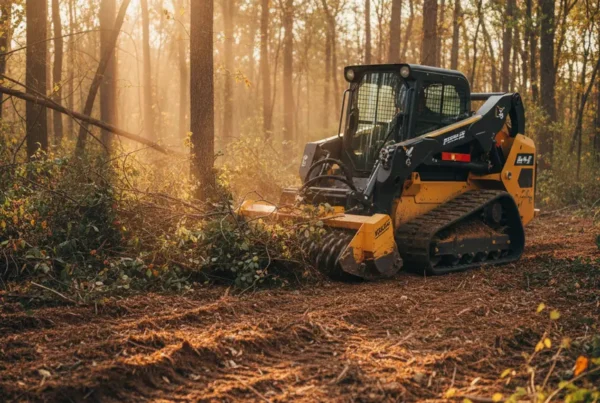 A tracked skid steer with a mulching attachment clearing trees in a Central Ohio lot.