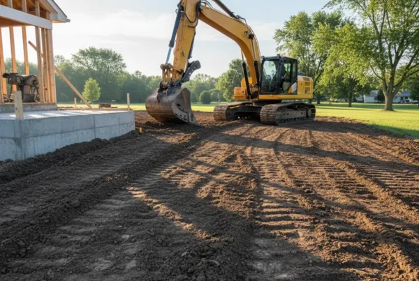 Excavator performing land grading for drainage away from a home's foundation in Ohio.