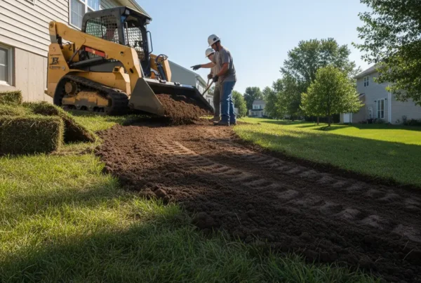 Landscaping crew using a skid steer to regrade a sloped residential backyard in Ohio.