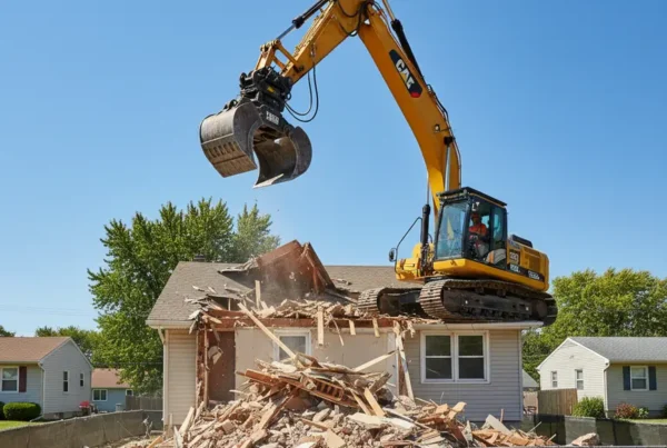 Excavator demolishing a residential house in a Central Ohio suburban neighborhood.