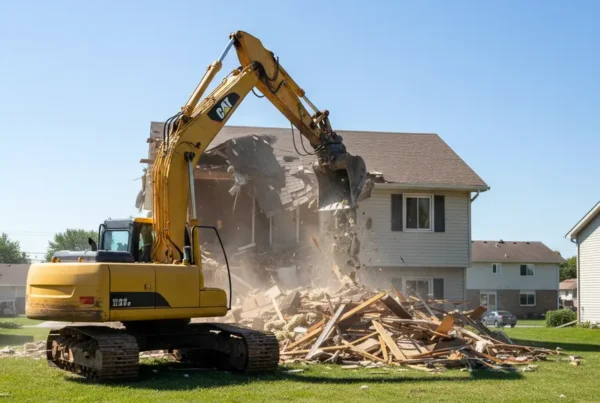 Excavator demolishing a residential home in a Central Ohio suburban neighborhood.