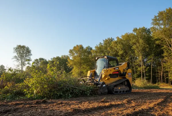 Tracked skid steer performing residential land clearing on a sunny day in Central Ohio.