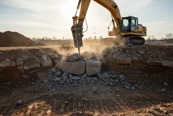 Excavator with a hydraulic hammer breaking up rock for a construction project in Ohio.