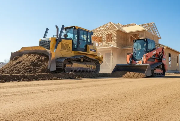 A bulldozer performing rough grading next to a skid steer doing finish grading.