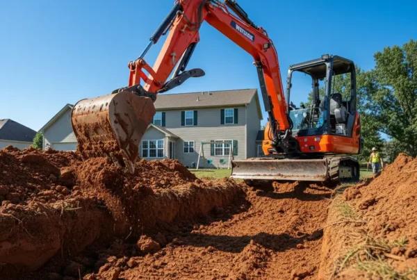 Mini-excavator digging a trench for a new septic system in a residential backyard.