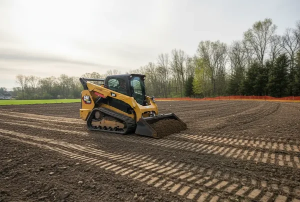 CAT skid steer performing site preparation and grading on a new construction lot in Ohio.