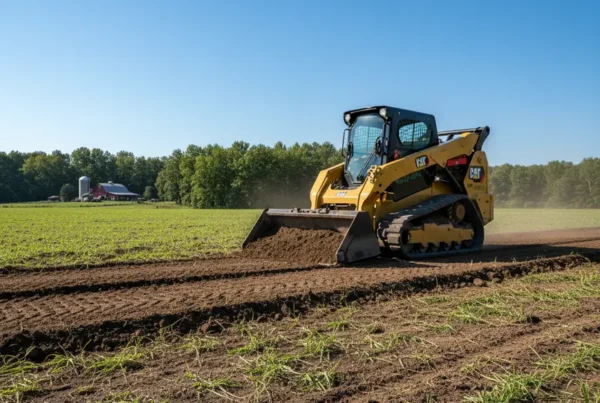 A CAT skid steer performing site preparation for construction on a sunny Ohio day.