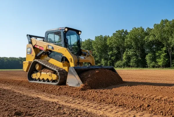 A CAT tracked skid steer grading soil at a new home construction site in Central Ohio.