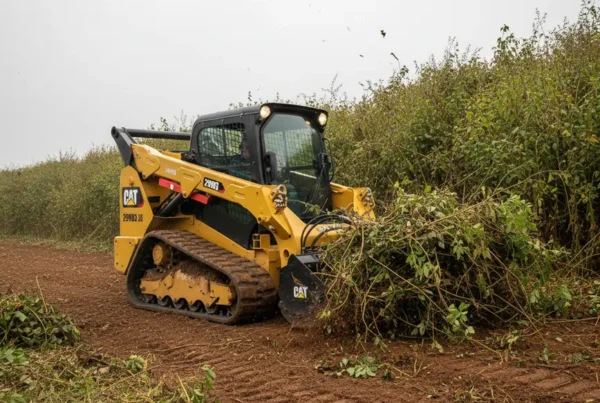 A tracked skid steer clearing dense brush and trees on a property in Ohio.