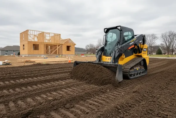 Tracked skid steer leveling the ground for a new home in Central Ohio.