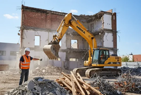 Organized piles of sorted demolition debris with a construction worker overseeing the recycling process.