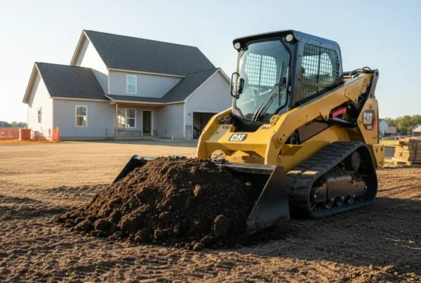 A CAT tracked skid steer moving a large pile of dark topsoil on a residential job site.