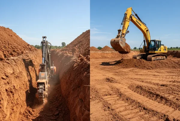 A split image comparing a narrow utility trench on the left with a wide foundation excavation on the right.
