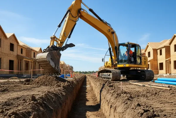 Excavator digging a trench for utility lines at a Central Ohio construction site.