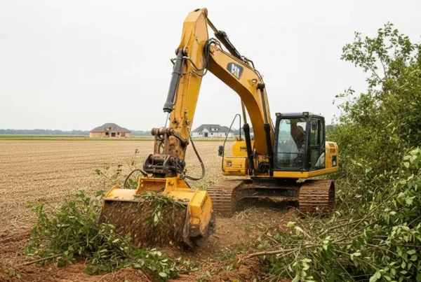 Excavator with forestry mulcher clearing dense brush in a wet, clay field in Ohio.