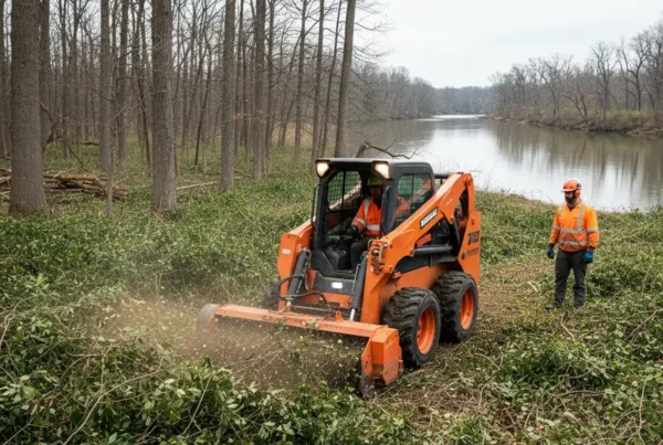 Professional crew performing brush clearing with a mulching machine near the Olentangy River.