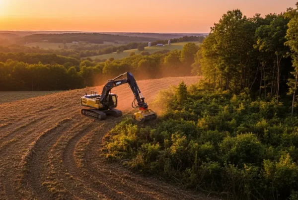 Excavator with a forestry mulcher clearing overgrown brush on a rolling Ohio hill.