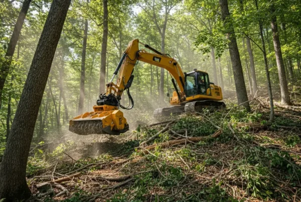 Excavator with mulcher attachment clearing brush on a steep, wooded hill in Fairfield County.