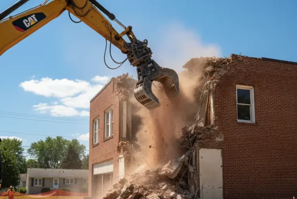 Excavator demolishing an old brick building at a Central Ohio construction site.