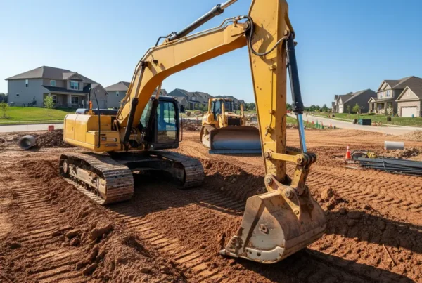 Excavator digging a trench on a construction site with a bulldozer grading the land.