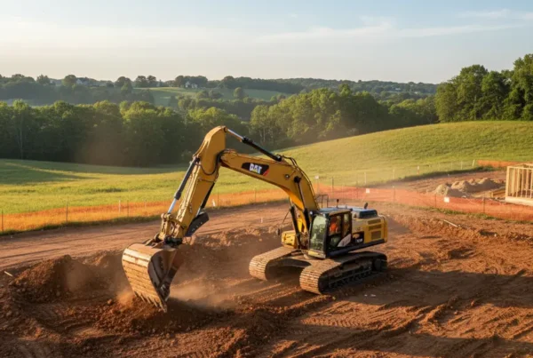 Excavator working on a commercial construction site in the rolling hills of Delaware County, Ohio.