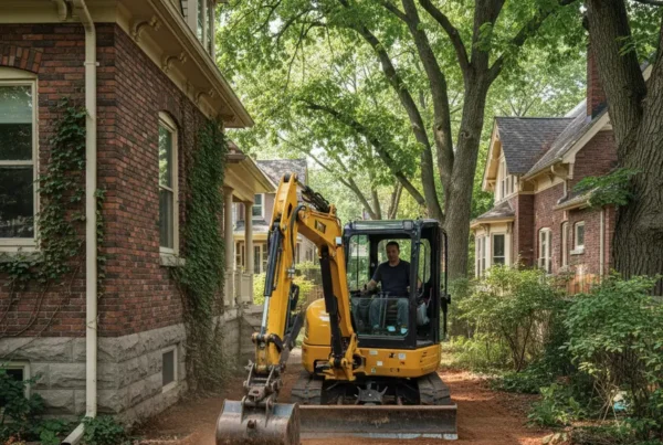 Compact excavator performing dirt work in a Grandview Heights backyard with many trees.