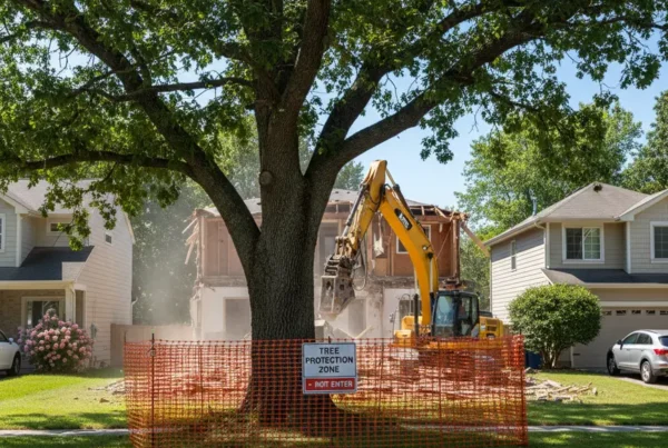 Excavator performing demolition in Dublin, Ohio, while carefully preserving a large heritage tree.
