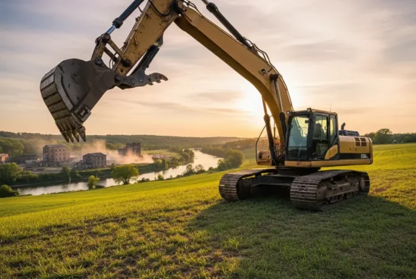 Excavator on a rolling hill in Licking County, Ohio, for a demolition project.
