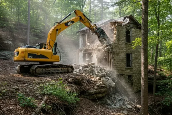 Excavator performing demolition on a steep, forested hill in Fairfield County, Ohio.