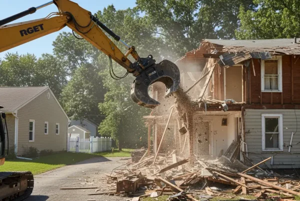 Excavator carefully demolishing an old house on a narrow residential lot in Amanda, Ohio.