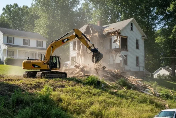 Excavator demolishing a house on a steep, hilly lot in Newark, Ohio.